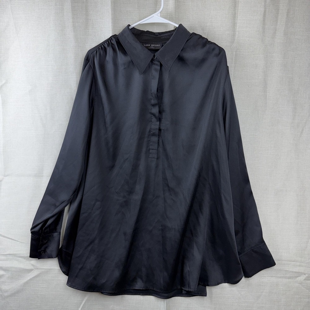Lane Bryant Blouse Womens 18/20 Black Satin Collared Long Sleeve Tunic Top